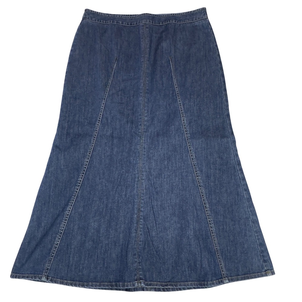 Talbots Denim Fit Flare Midi Skirt Womens size 14 Jean Stretch Modest TradWife